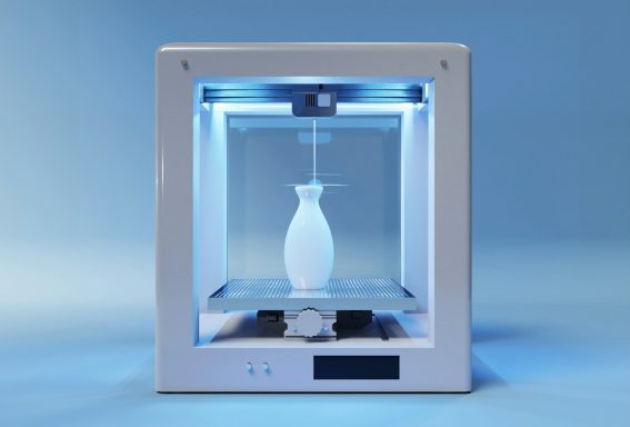 Weißes Vasenmodell in einem 3D-Drucker mit blauer Beleuchtung.