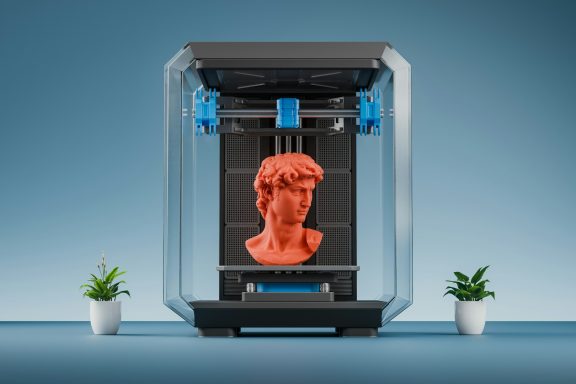3D-Drucker mit einer orangefarbenen Büste und zwei kleinen Pflanzen im Hintergrund.
